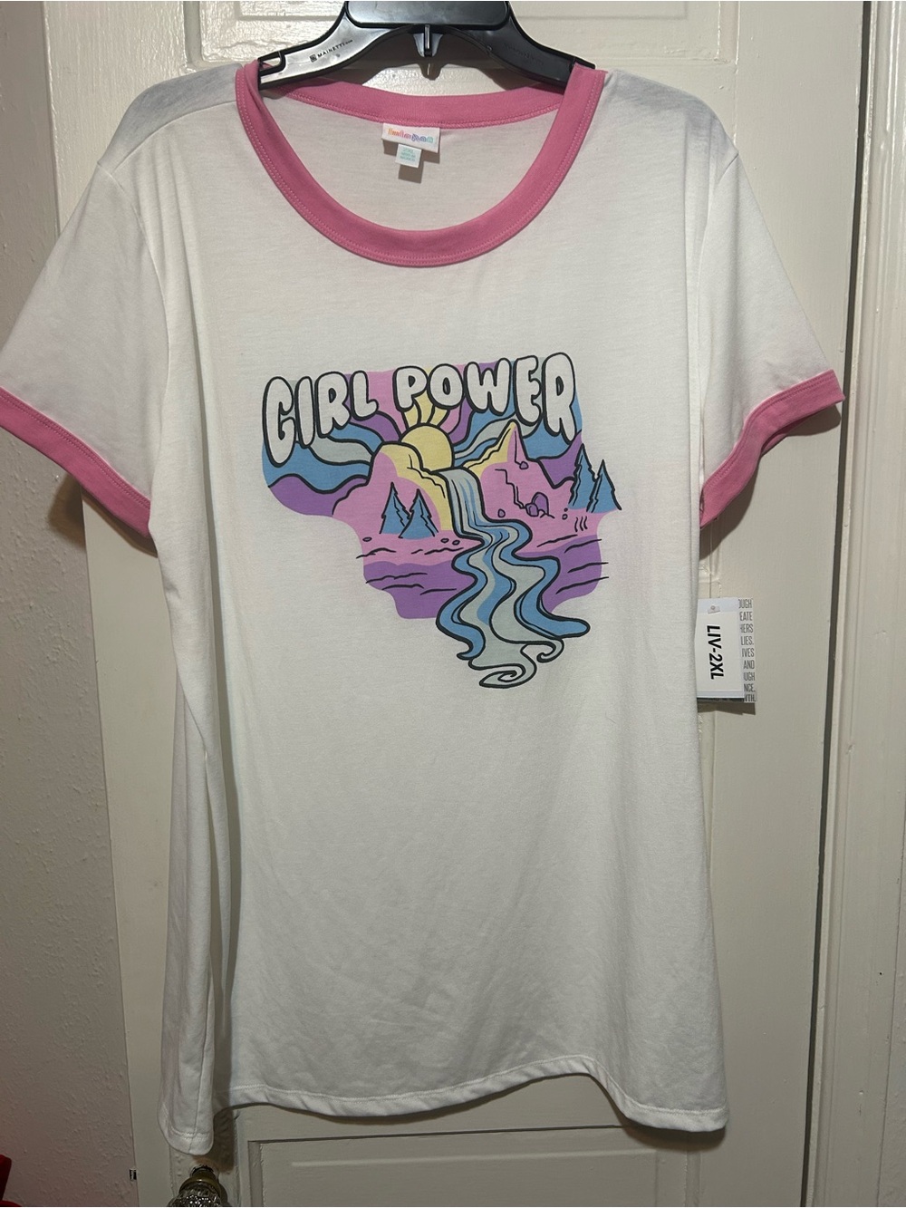 LuLaRoe White Tee with Pink Trim and Pastel 'Girl Power' Graphic